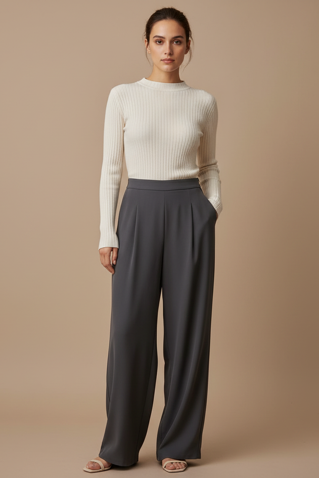 Pantalon Droit Fluide Taille Haute - Gris Viscose
