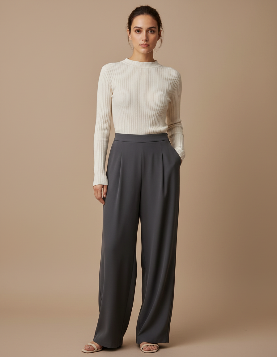 Pantalon Droit Fluide Taille Haute - Gris Viscose