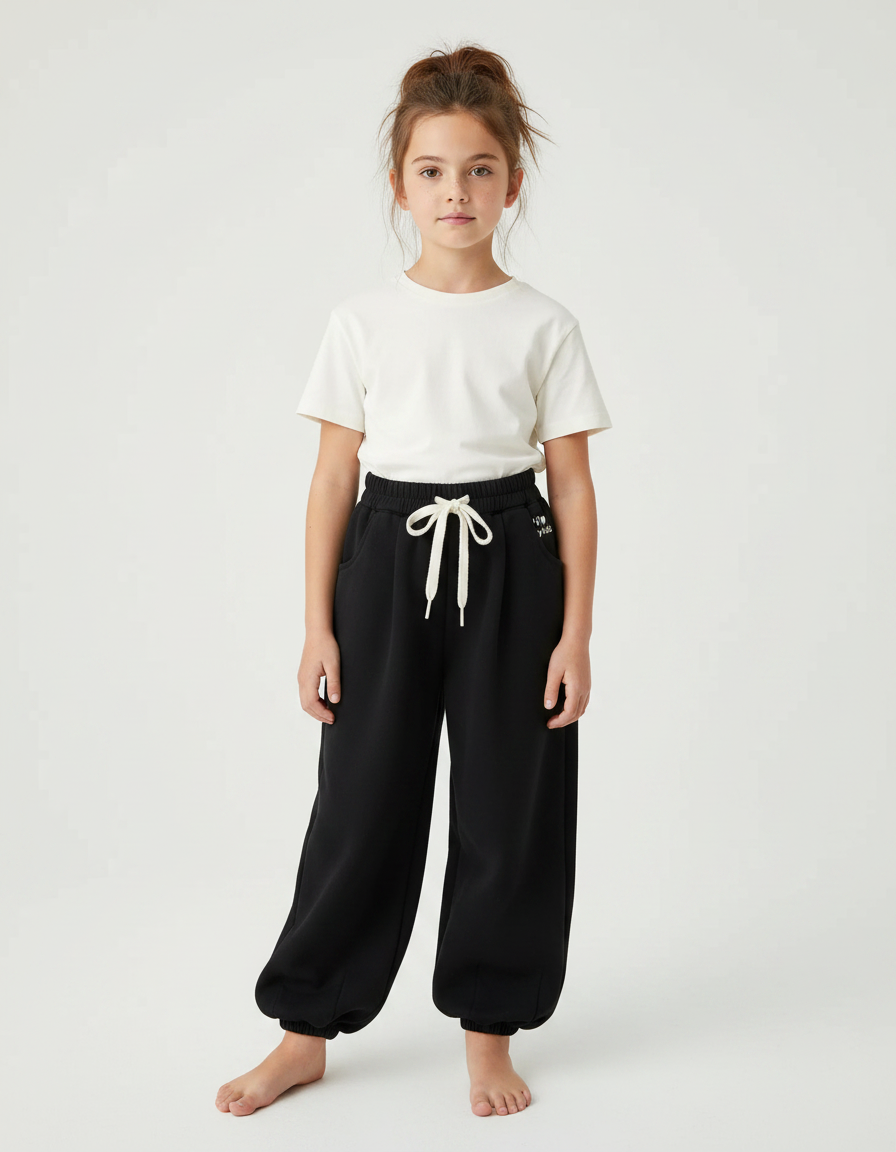 Pantalon Fluide Noir Ample Molleton Coton Confortable Enfant