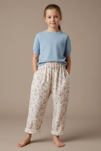 Pantalon Fluide Blanc Floral Coton Ample Fille - Imprimé