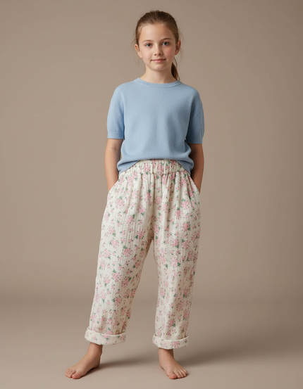 Pantalon Fluide Blanc Floral Coton Ample Fille - Imprimé
