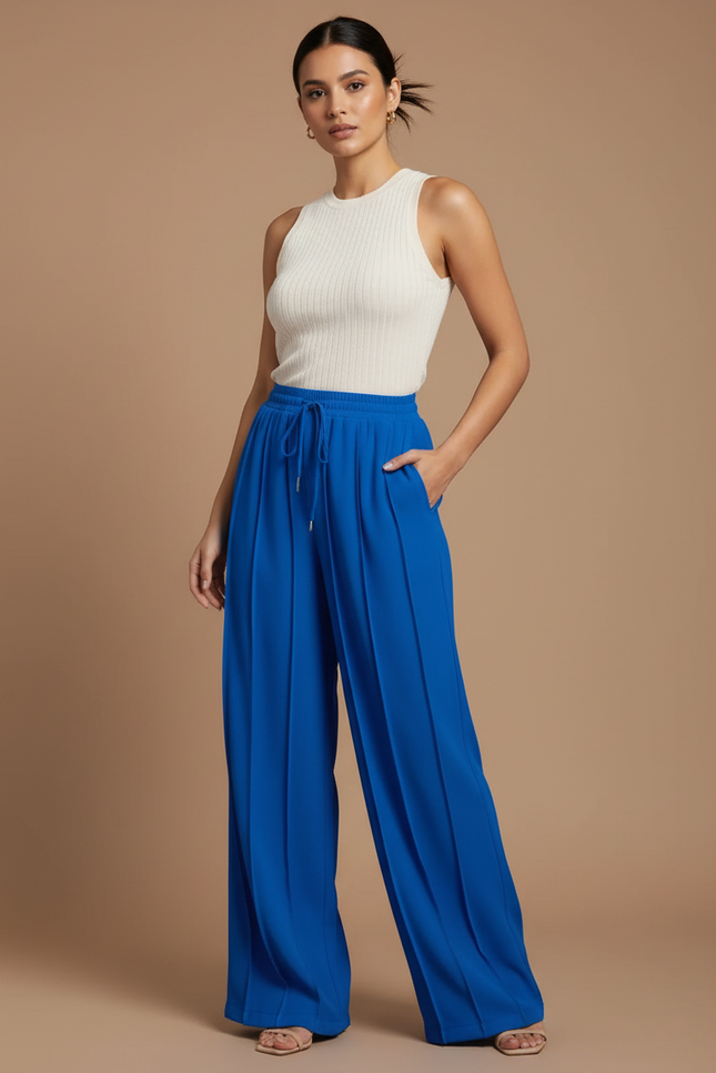 Pantalon Fluide Bleu Royal Ample Plissé Décontracté - Polyester