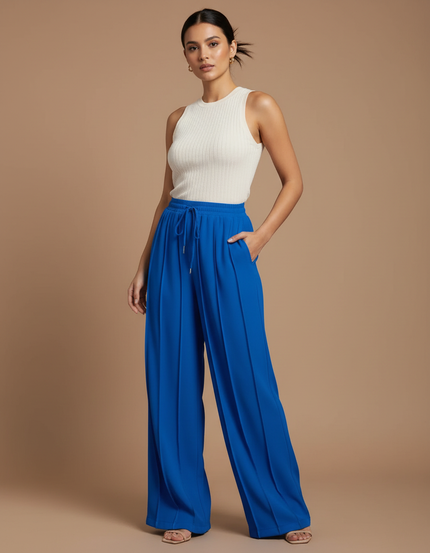 Pantalon Fluide Bleu Royal Ample Plissé Décontracté - Polyester