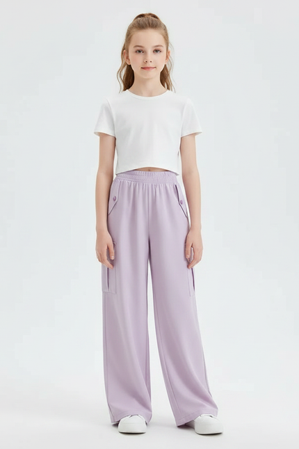 Pantalon Fluide Violet Cargo Ample Fille Décontracté - Polyester
