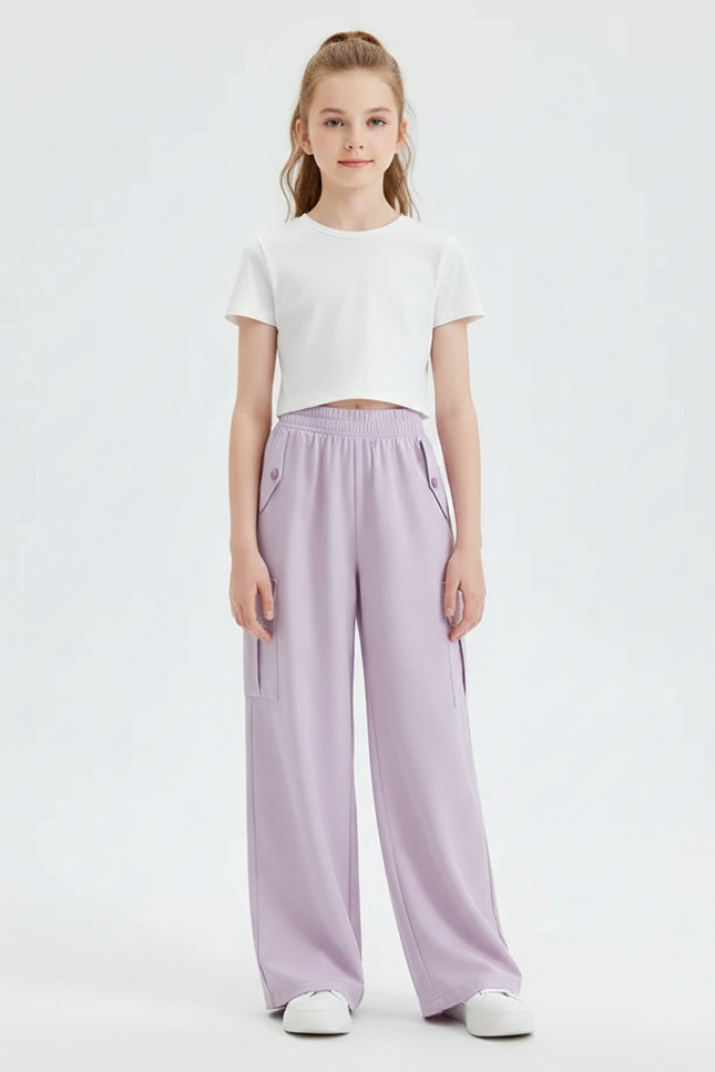 Pantalon Fluide Violet Cargo Ample Fille Décontracté - Polyester