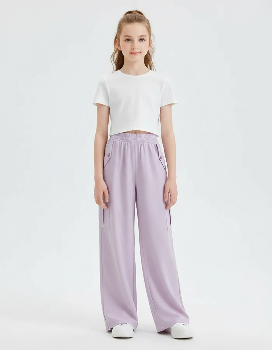 Pantalon Fluide Violet Cargo Ample Fille Décontracté - Polyester