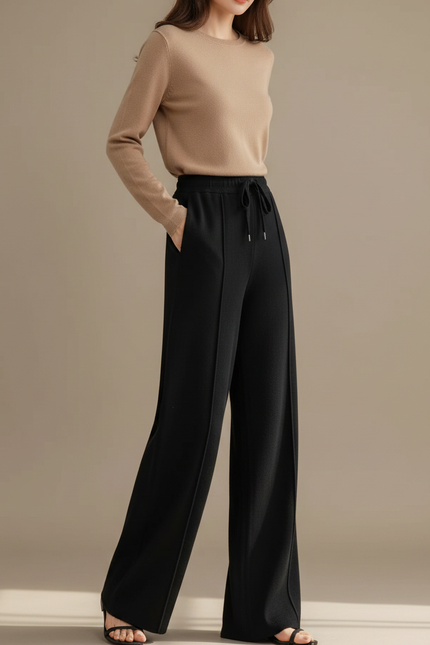 Pantalon Fluide Noir Ample Taille Haute Décontracté Femme - Maille