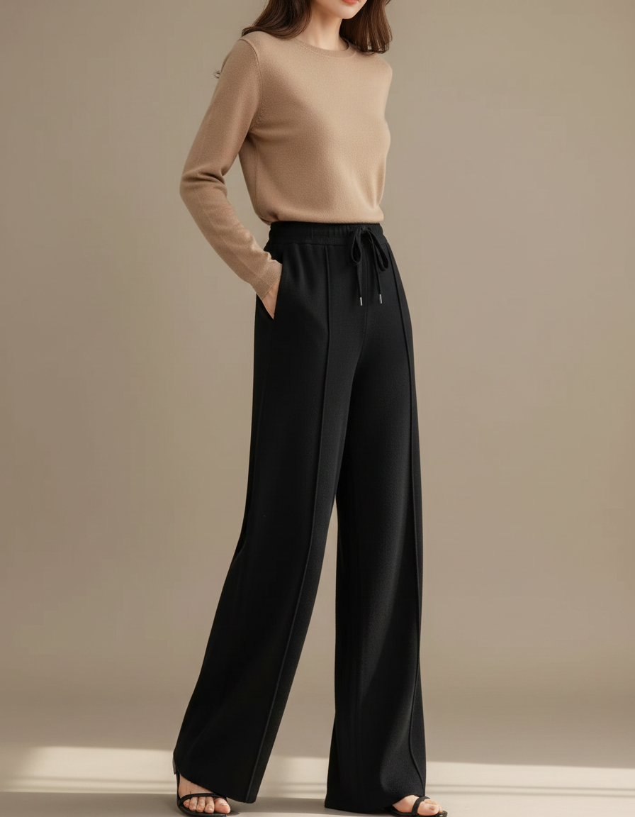 Pantalon Fluide Noir Ample Taille Haute Décontracté Femme - Maille