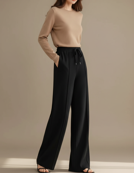 Pantalon Fluide Noir Ample Taille Haute Décontracté Femme - Maille