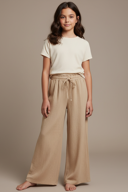 Pantalon Fluide Beige Côtelé Ample Décontracté Cordon - Cordé