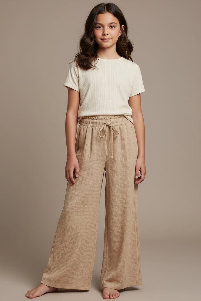 Pantalon Fluide Beige Côtelé Ample Décontracté Cordon - Cordé