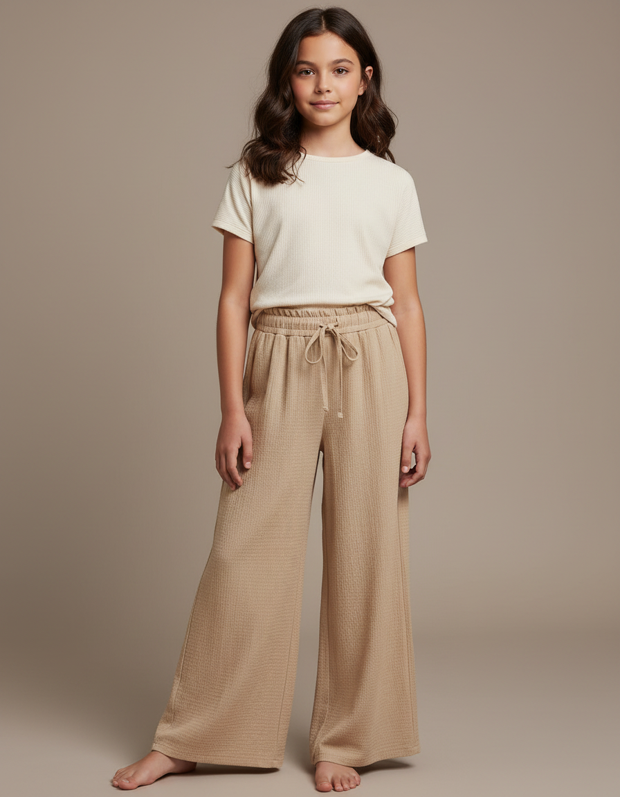 Pantalon Fluide Beige Côtelé Ample Décontracté Cordon - Cordé