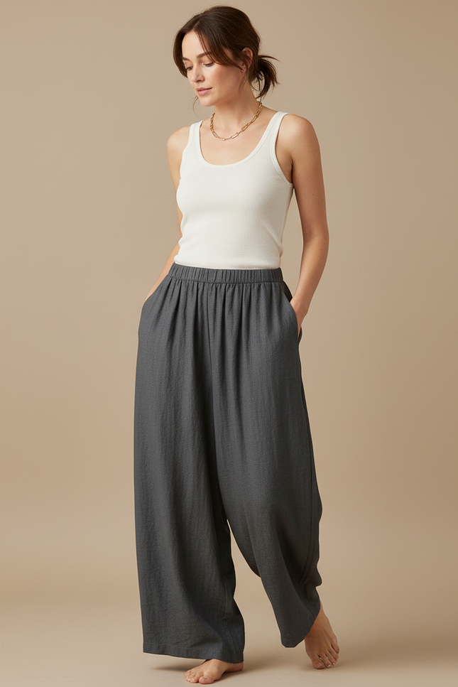 Pantalon Fluide Gris Ample Coton Lin Décontracté Femme