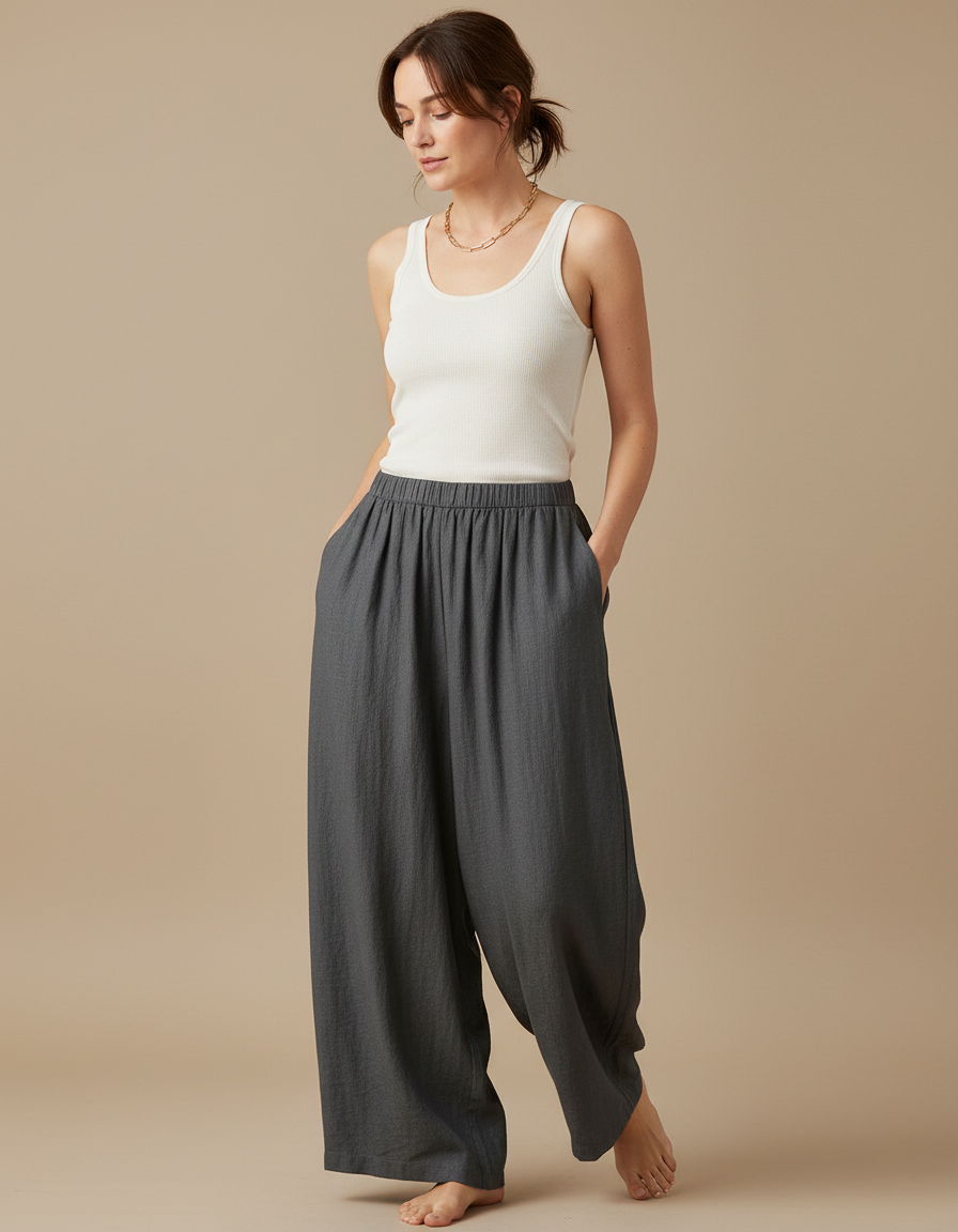 Pantalon Fluide Gris Ample Coton Lin Décontracté Femme