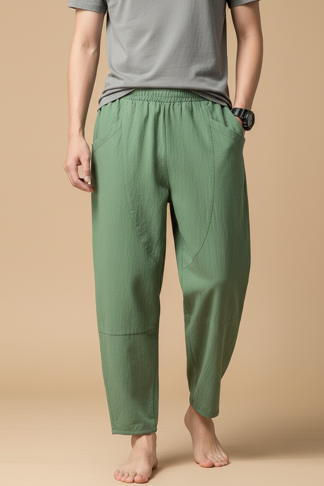 Pantalon Fluide Vert Ample Coton Décontracté Homme - Lin