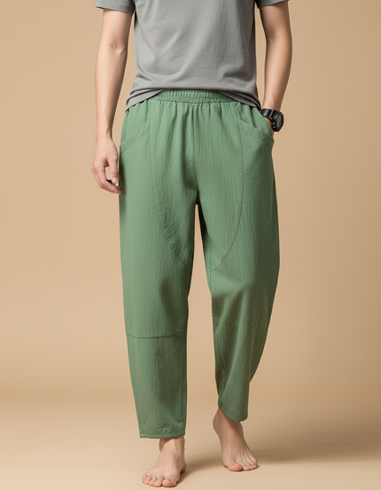 Pantalon Fluide Vert Ample Coton Décontracté Homme - Lin