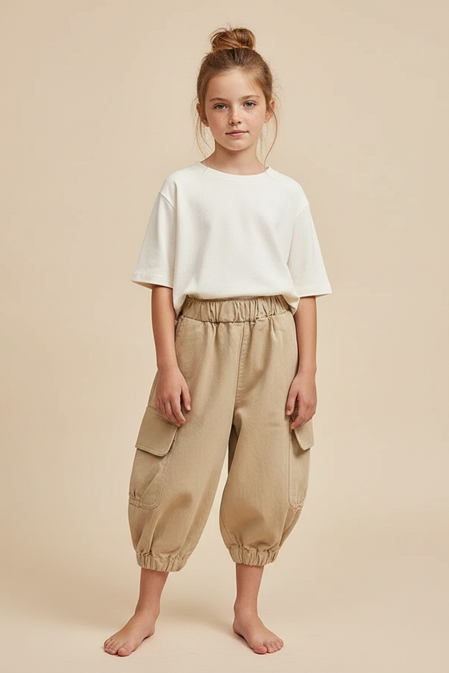 Pantalon Fluide Cargo Beige Ample Coton Enfant