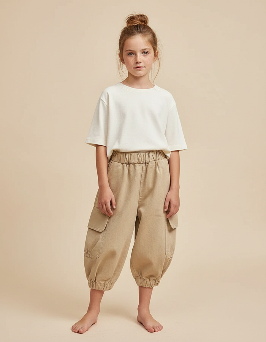 Pantalon Fluide Cargo Beige Ample Coton Enfant
