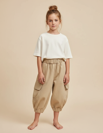 Pantalon Fluide Cargo Beige Ample Coton Enfant
