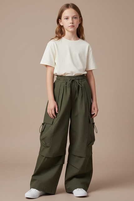 Pantalon Fluide Kaki Ample Cargo Fille Streetwear - Gabardine