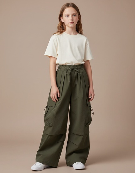 Pantalon Fluide Kaki Ample Cargo Fille Streetwear - Gabardine