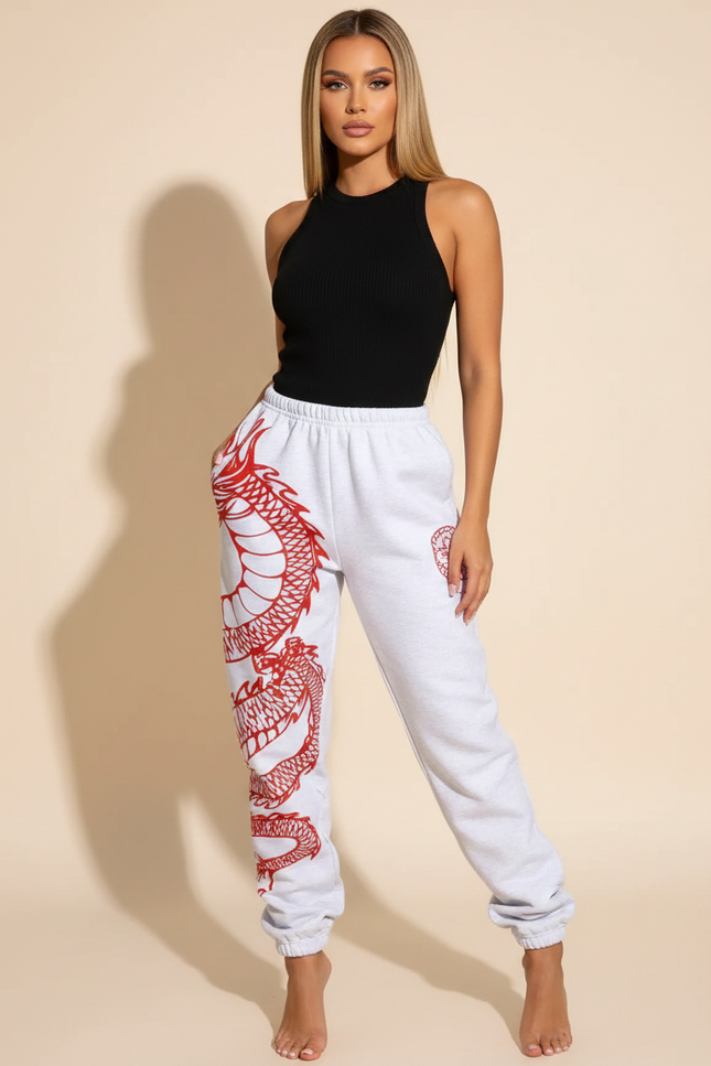 Pantalon Fluide Gris Ample Dragon Rouge Sport Décontracté - Molleton