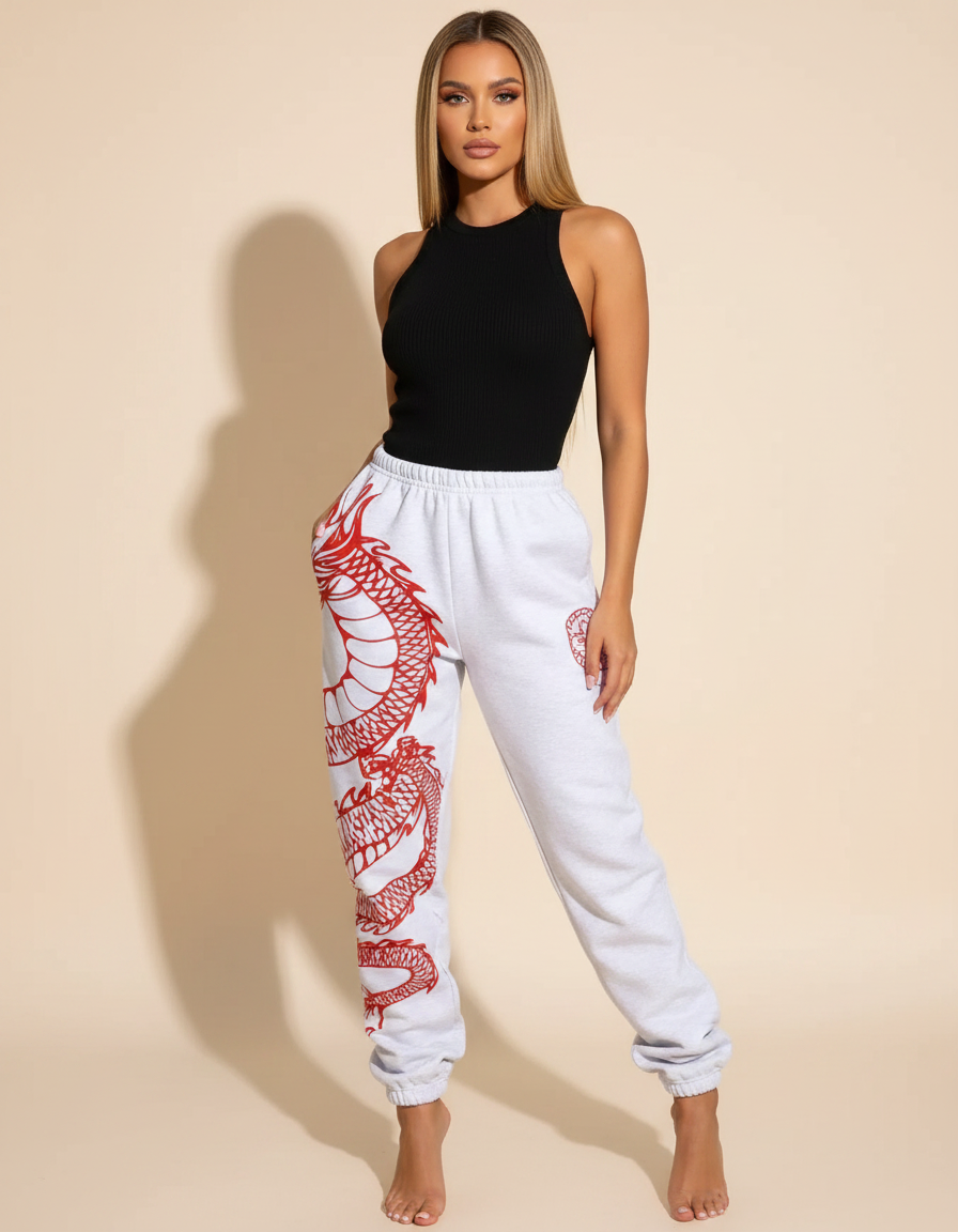 Pantalon Fluide Gris Ample Dragon Rouge Sport Décontracté - Molleton
