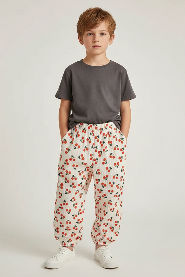 Pantalon Fluide Écru Cerises Ample Léger Enfant - Beige Coton