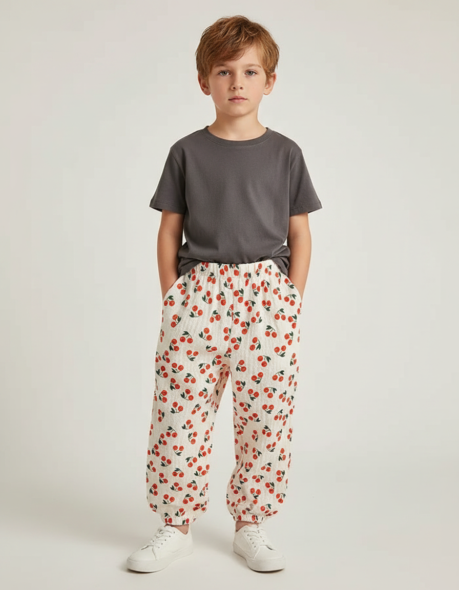 Pantalon Fluide Écru Cerises Ample Léger Enfant - Beige Coton