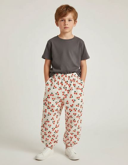 Pantalon Fluide Écru Cerises Ample Léger Enfant - Beige Coton