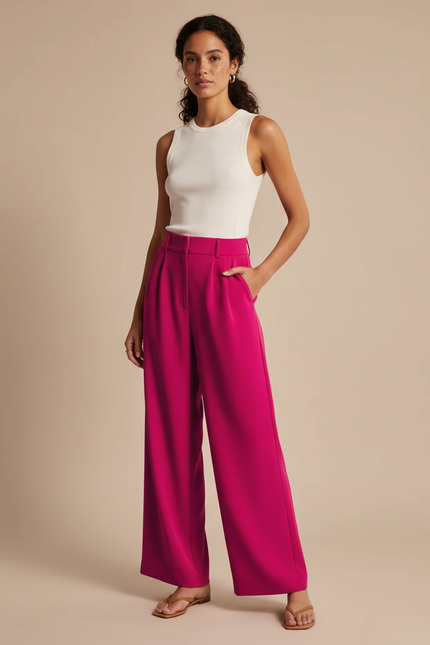 Pantalon Fluide Fuchsia Ample Taille Haute Élégant - Rose Polyester