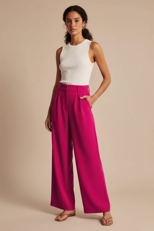 Pantalon Fluide Fuchsia Ample Taille Haute Élégant - Rose Polyester