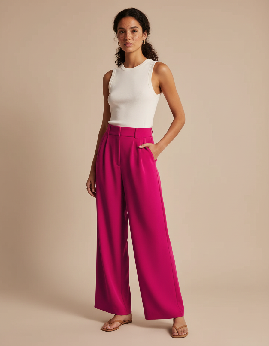 Pantalon Fluide Fuchsia Ample Taille Haute Élégant - Rose Polyester