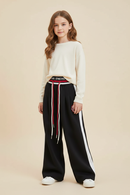 Pantalon Fluide Noir Ample Décontracté Fille - Molleton