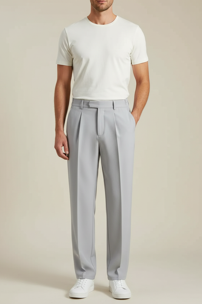 Pantalon Fluide Gris Clair Plissé Décontracté Homme Moderne - Polyester