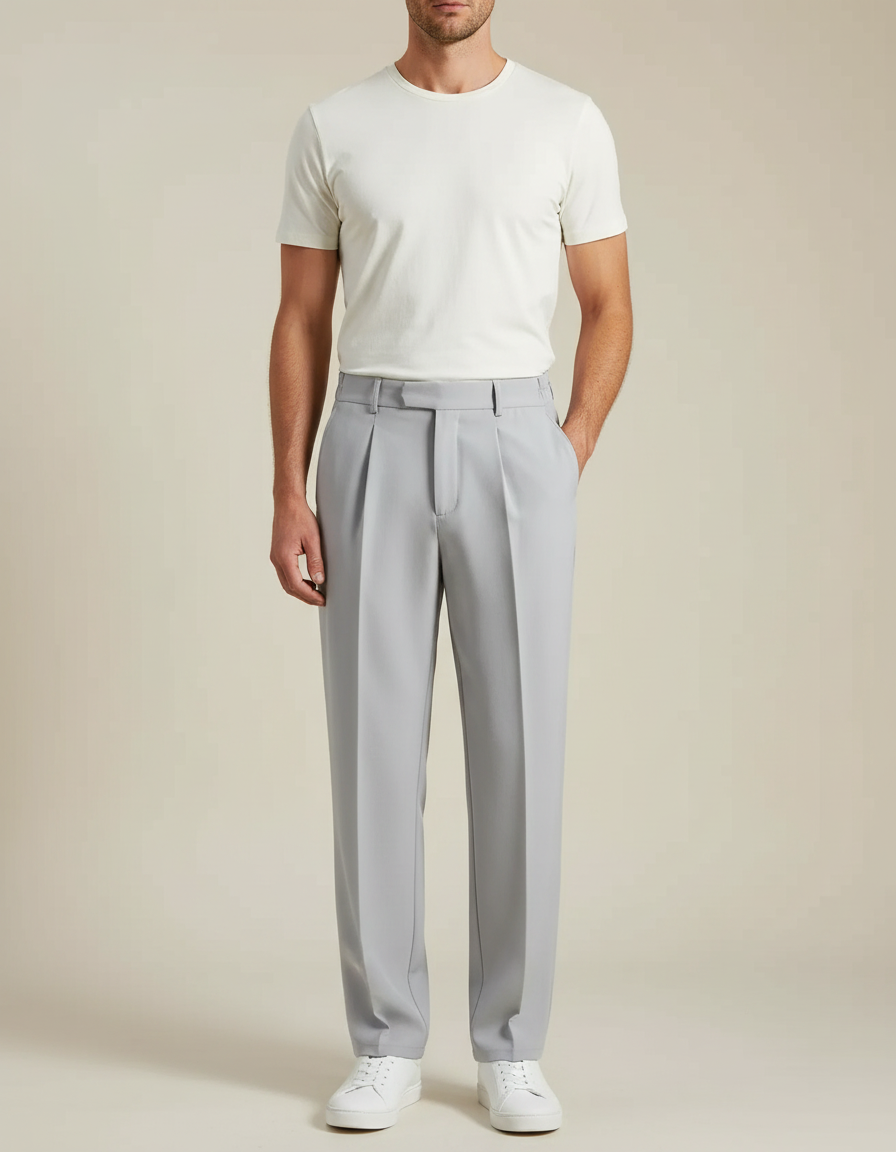 Pantalon Fluide Gris Clair Plissé Décontracté Homme Moderne - Polyester