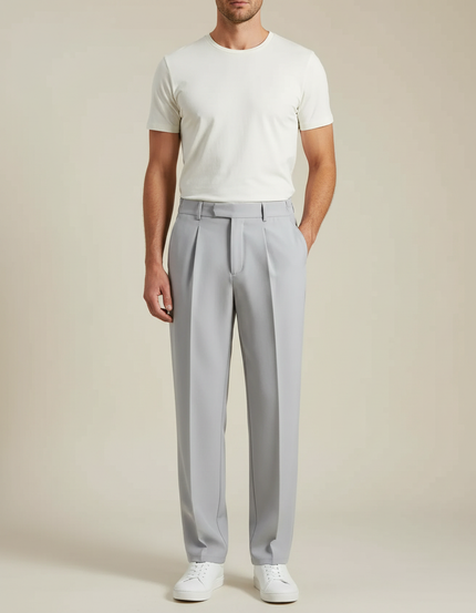 Pantalon Fluide Gris Clair Plissé Décontracté Homme Moderne - Polyester