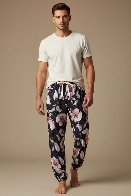 Pantalon Fluide Floral Noir Ample Viscose Homme