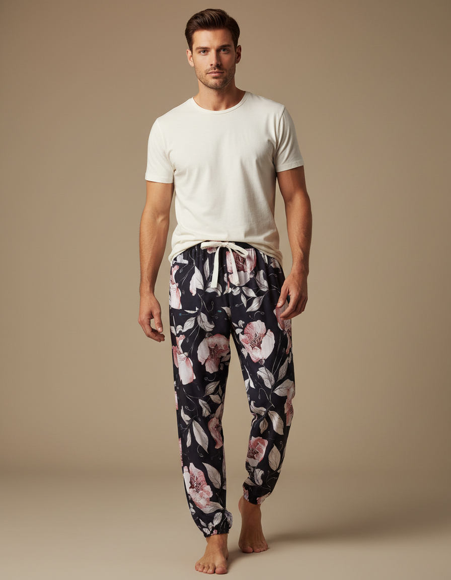 Pantalon Fluide Floral Noir Ample Viscose Homme