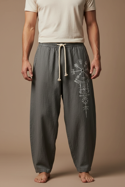 Pantalon Fluide Gris Ample Cordon Motif Viking Homme - Lin