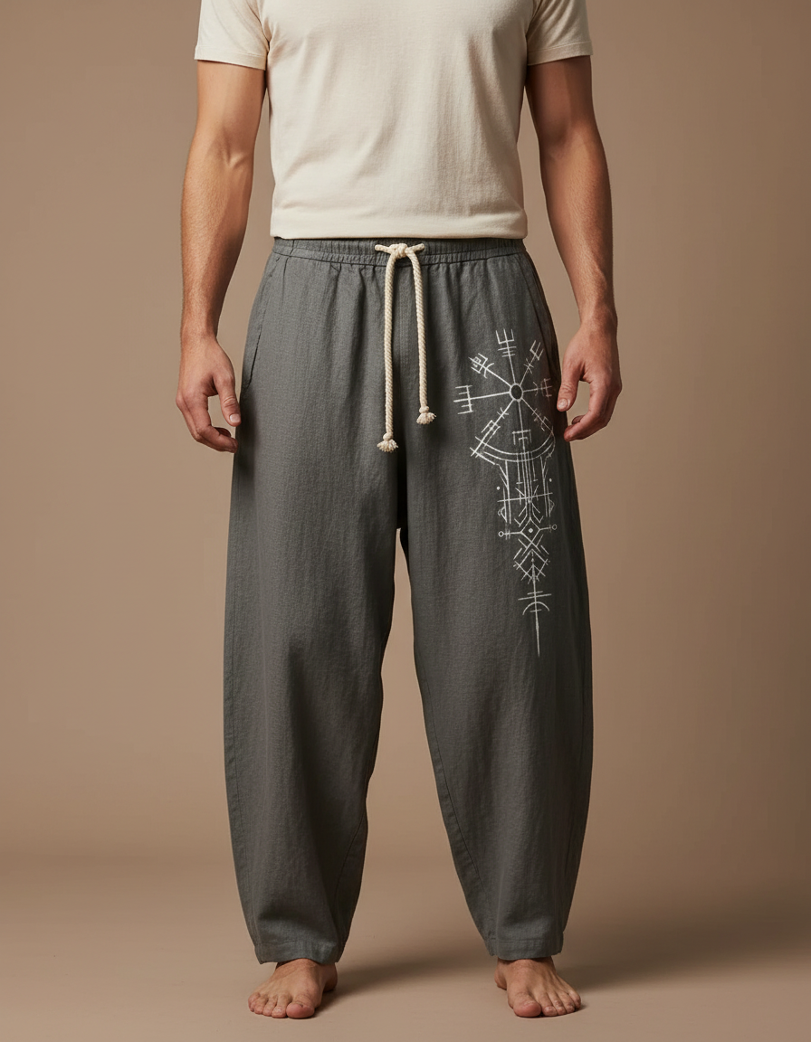 Pantalon Fluide Gris Ample Cordon Motif Viking Homme - Lin
