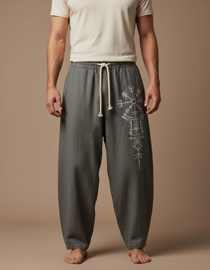 Pantalon Fluide Gris Ample Cordon Motif Viking Homme - Lin