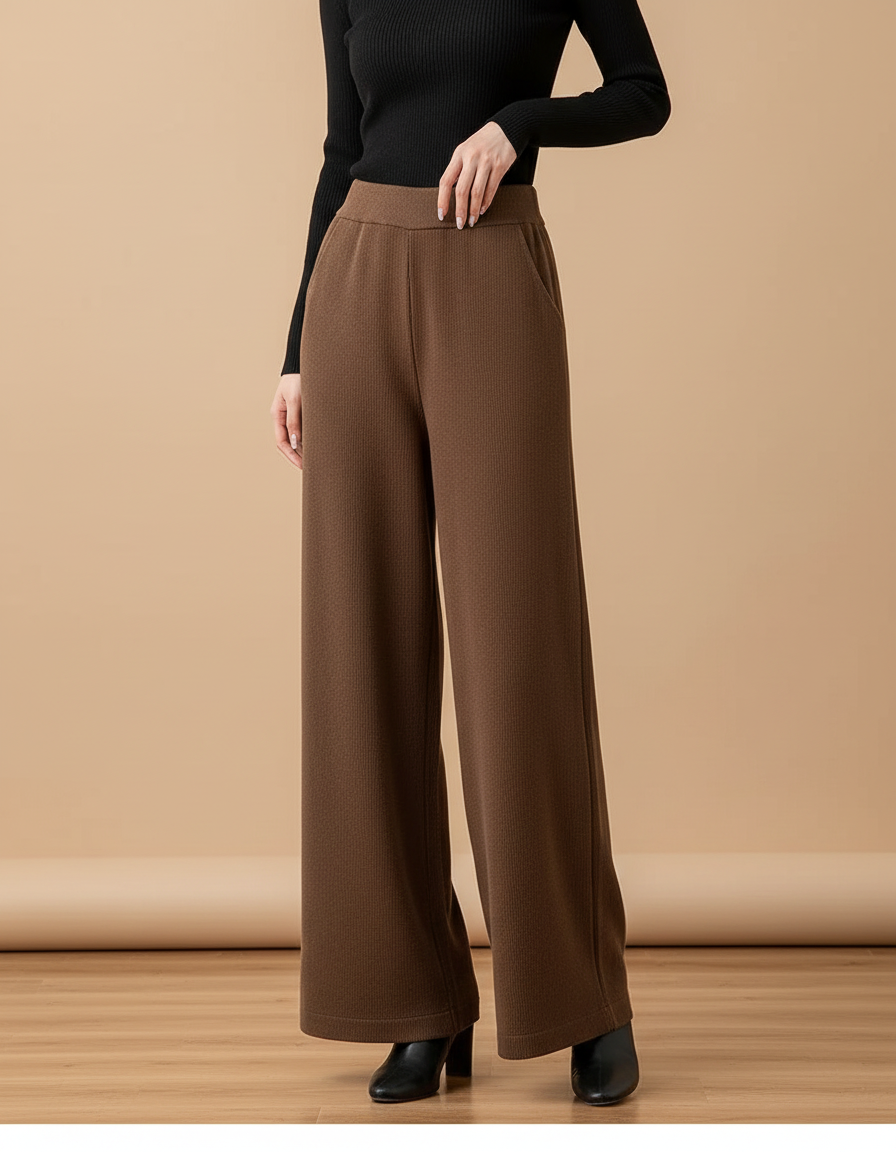Pantalon Fluide Marron Ample Taille Haute Tricoté Décontracté - Maille