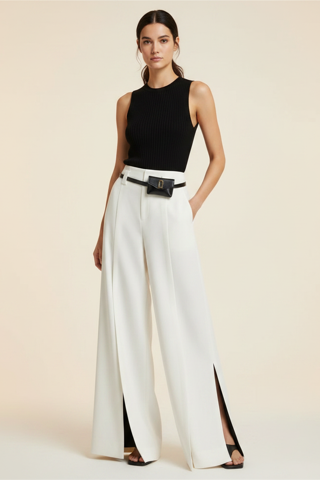Pantalon Blanc Taille Haute Fluide - Polyester