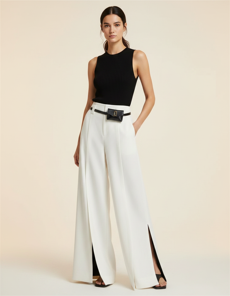 Pantalon Blanc Taille Haute Fluide - Polyester