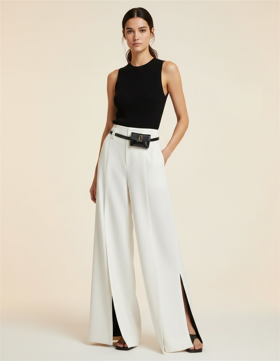 Pantalon Blanc Taille Haute Fluide - Polyester