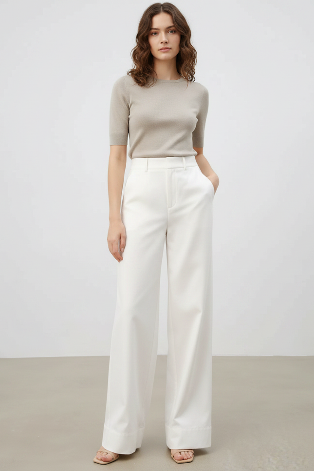 Pantalon Fluide Blanc Ample Taille Haute Droit - Polyester
