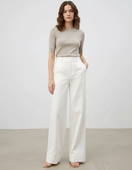 Pantalon Fluide Blanc Ample Taille Haute Droit - Polyester