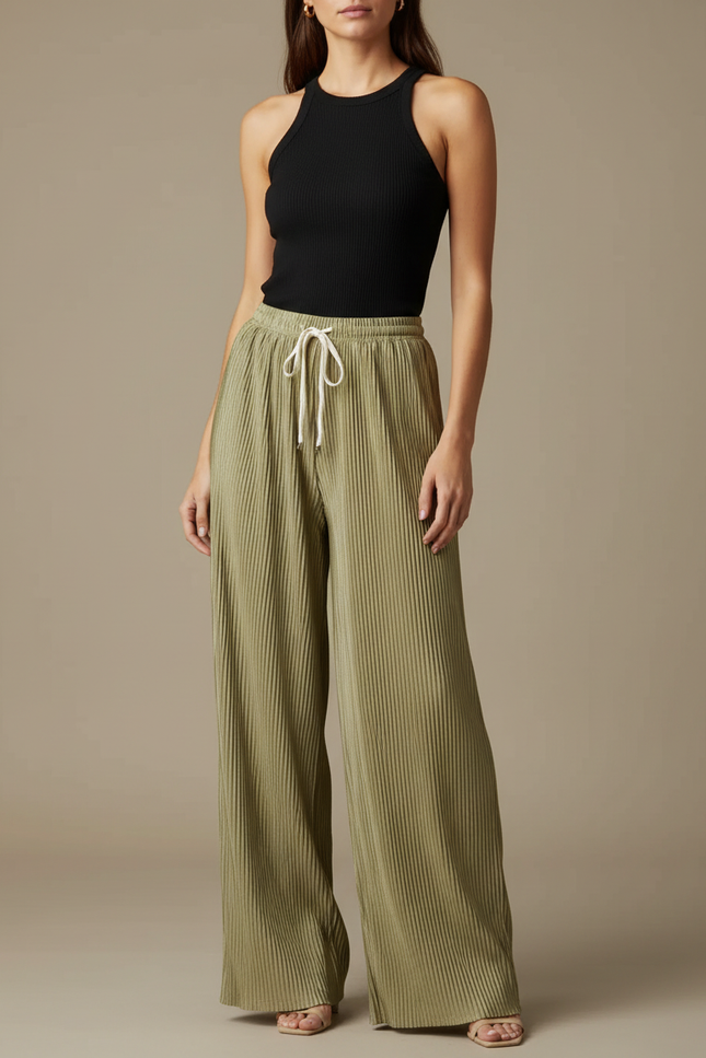 Pantalon Fluide Plissé Vert Ample Décontracté Cordon - Kaki Polyester
