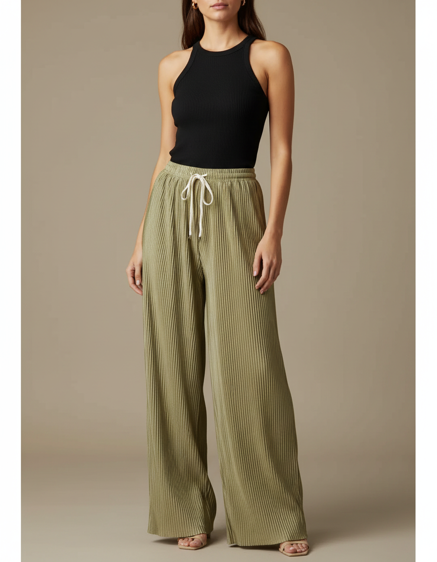 Pantalon Fluide Plissé Vert Ample Décontracté Cordon - Kaki Polyester